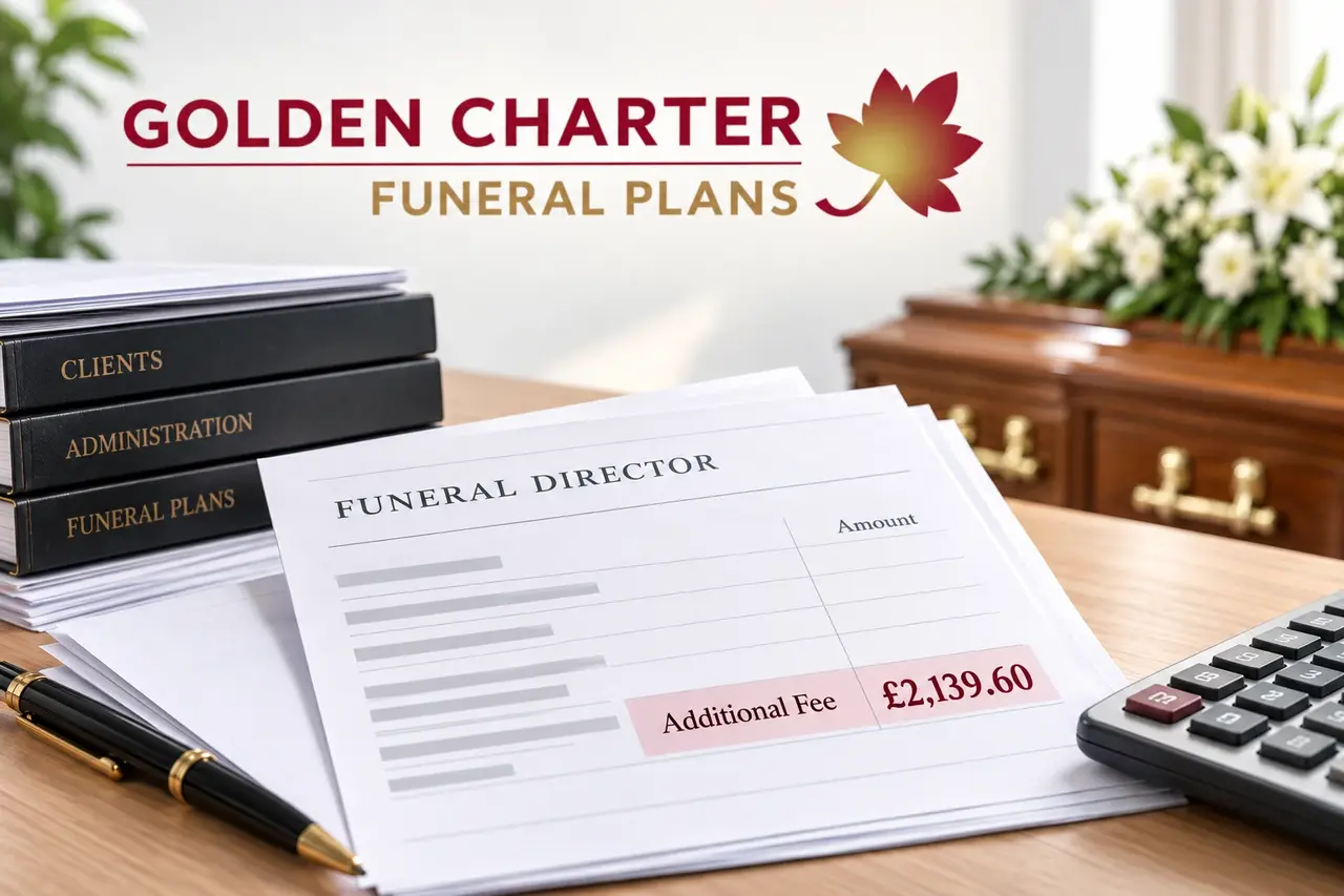 A funeral director's invoice showing an additional fee of &pound;2,139.60, beside client and funeral plan files
