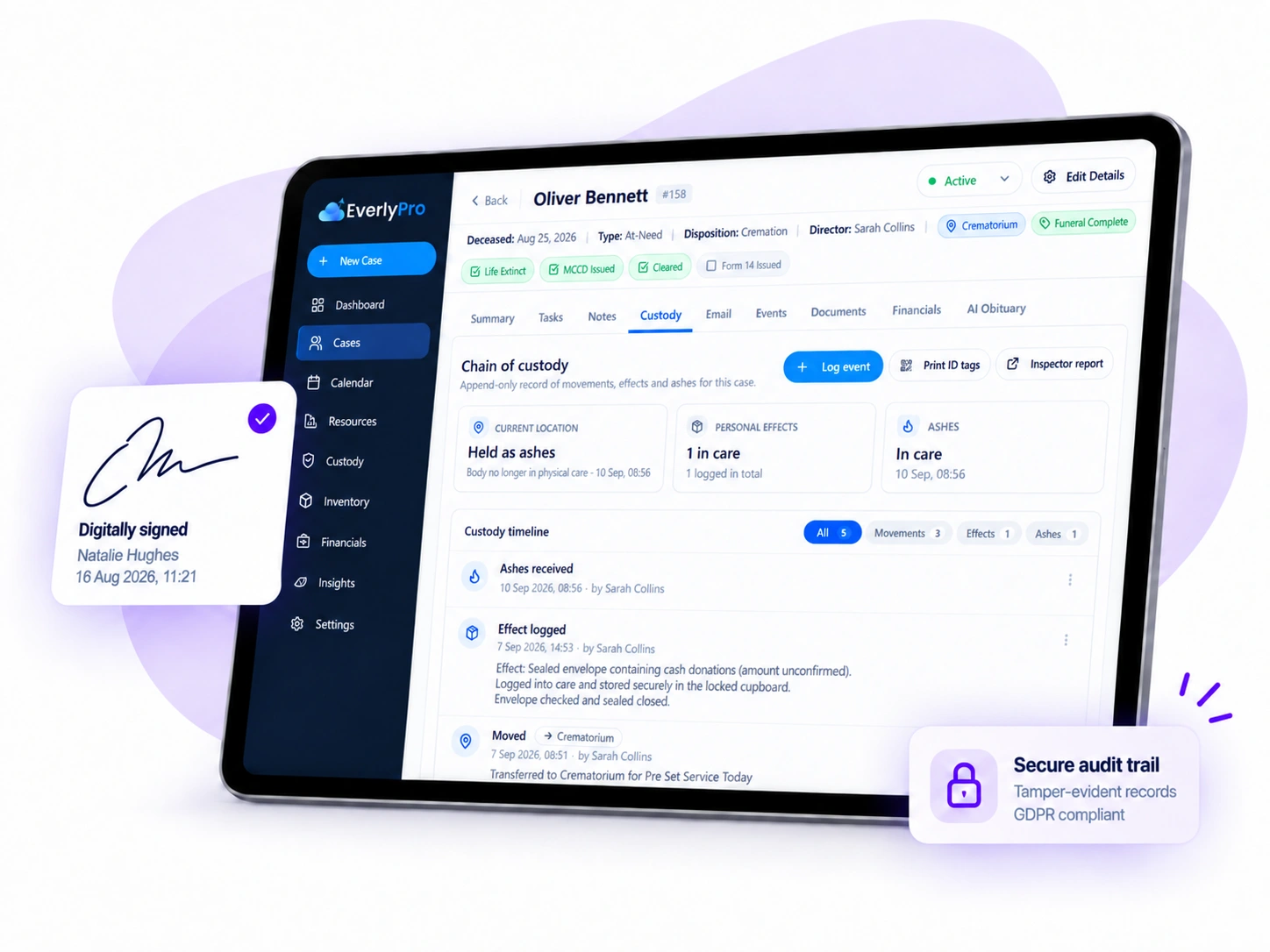 EverlyPro chain of custody on a tablet: current location, personal effects, ashes and an append-only custody timeline, with a digitally signed handover and a secure audit trail