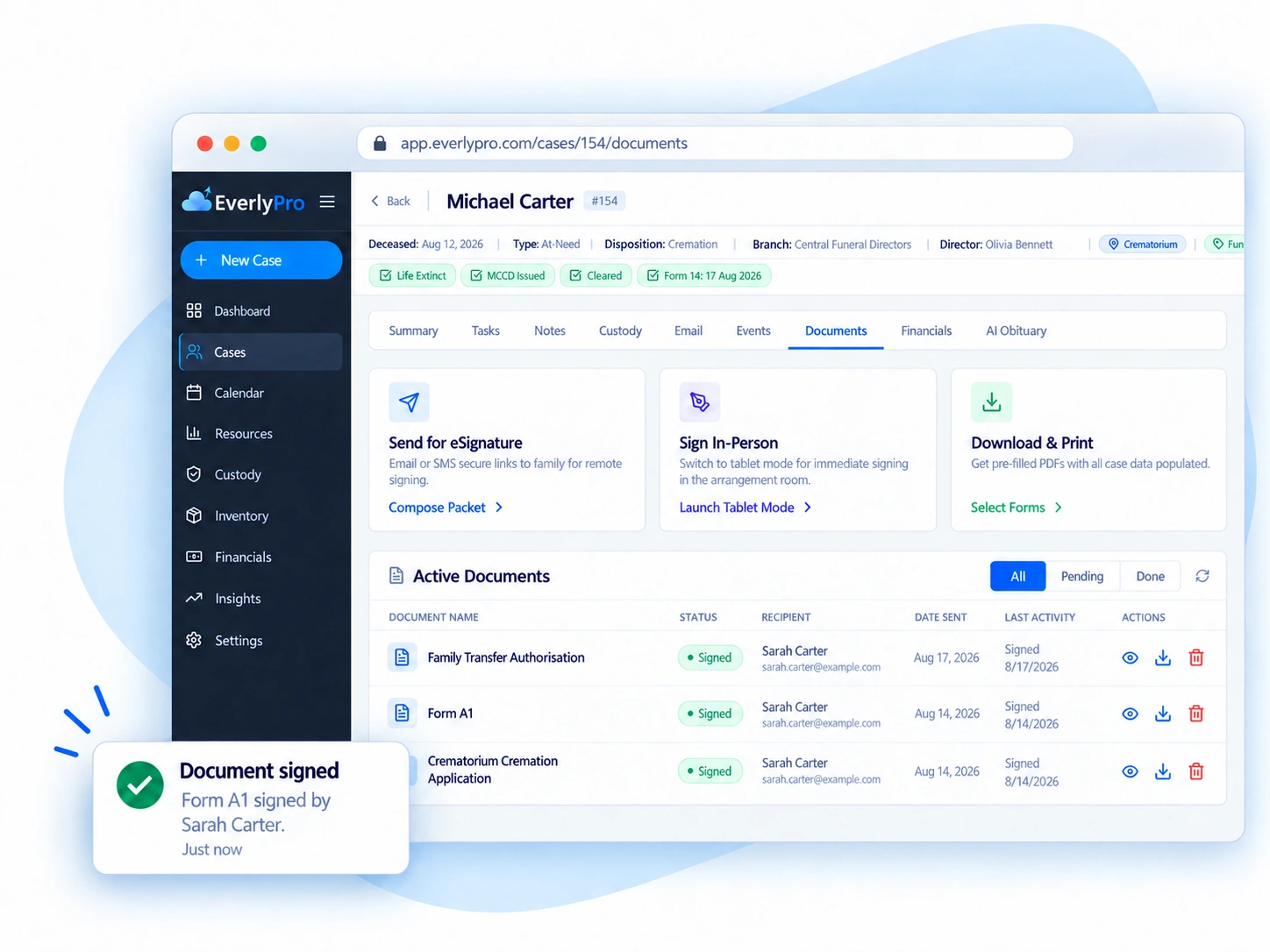 EverlyPro case documents: send for eSignature, sign in person on a tablet, or download pre-filled PDFs, with a document just signed by the family