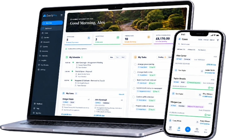 EverlyPro on a laptop and a phone: dashboard with active cases, schedule, tasks and outstanding balances
