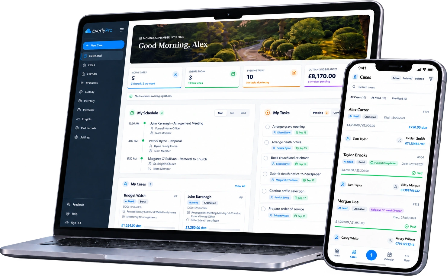 EverlyPro on a laptop and a phone: dashboard with active cases, schedule, tasks and outstanding balances